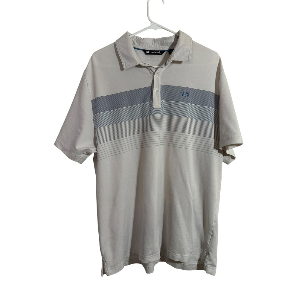 TravisMathew Mens XL Polo Shirt Beige Blue Striped Short Sleeve Golf Top